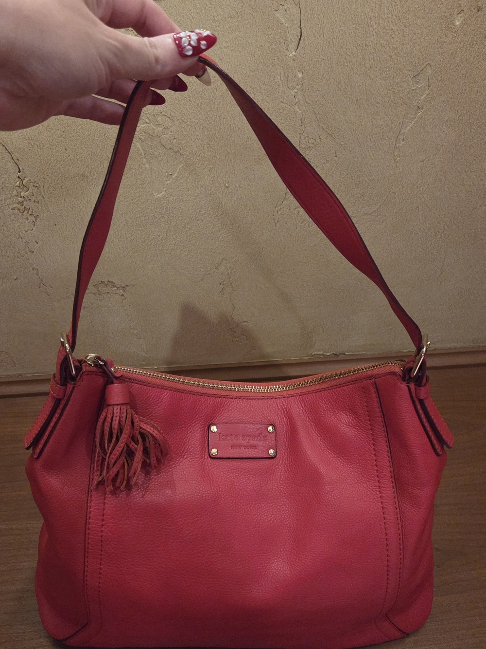 kate spade Red Leather Shoulder Bag with Tassel Accent